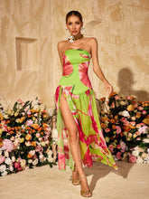 Alikae Strapless Printed Split Maxi Dress In Green