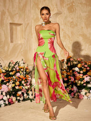 Alikae Strapless Printed Split Maxi Dress In Green