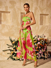 Alikae Strapless Printed Split Maxi Dress In Green