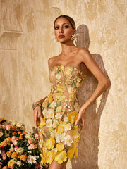 Alirio Strapless Embroidered Flower Mini Dress