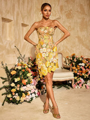 Alirio Strapless Embroidered Flower Mini Dress
