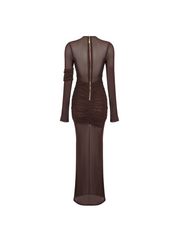Alkas Long Sleeve Ruched Mesh Maxi Dress In Coffee