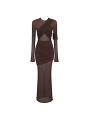 Alkas Long Sleeve Ruched Mesh Maxi Dress In Coffee