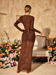 Alkas Long Sleeve Ruched Mesh Maxi Dress In Coffee