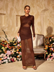 Alkas Long Sleeve Ruched Mesh Maxi Dress In Coffee