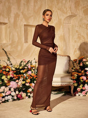 Alkas Long Sleeve Ruched Mesh Maxi Dress In Coffee