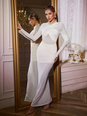 Alkas Long Sleeve Ruched Mesh Maxi Dress In Apricot