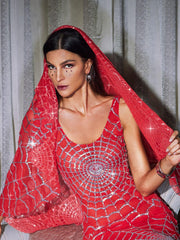 Calyx Cobweb Sequin Veil In Red