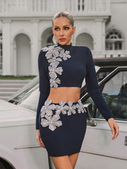 Almira Long Sleeve Flower Bandage Mini Skirt Set