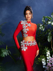 Almira Long Sleeve Flower Bandage Skirt Set In Red