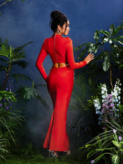 Almira Long Sleeve Flower Bandage Skirt Set In Red