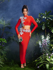 Almira Long Sleeve Flower Bandage Skirt Set In Red