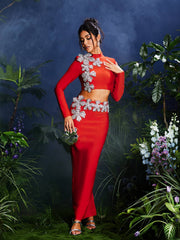 Almira Long Sleeve Flower Bandage Skirt Set In Red