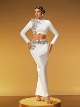 Almira Long Sleeve Flower Bandage Skirt Set In White