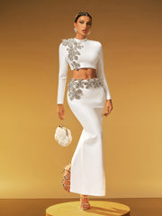 Almira Long Sleeve Flower Bandage Skirt Set In White