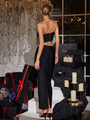 Almira Strapless Flower Bandage Skirt Set In Black