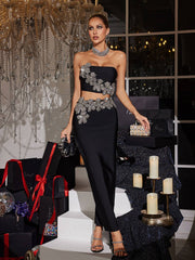 Almira Strapless Flower Bandage Skirt Set In Black