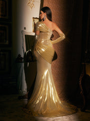 Althorin One Shoulder Metallic Maxi Dress In Gold With Gloves
