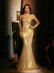 Althorin One Shoulder Metallic Maxi Dress In Gold With Gloves