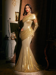 Althorin One Shoulder Metallic Maxi Dress In Gold With Gloves