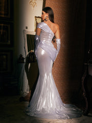 Althorin One Shoulder Metallic Maxi Dress In Silver With Gloves