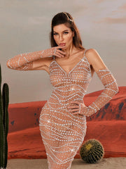 Amahl Spaghetti Rhinestone Mesh Maxi Dress
