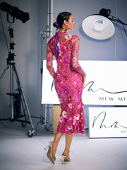 Amara Long Sleeve Embroidered Midi Dress In Hot Pink