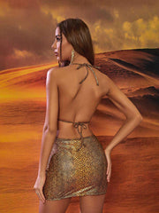 Amma Snake Printed Bikini Three Piece Set In Gold