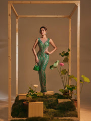 Anabia Round Neck Printed Rhinestone Maxi Dress