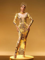 Angie Long Sleeve Curve Embellished Maxi Dress In Gold