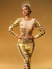 Angie Long Sleeve Curve Embellished Maxi Dress In Gold