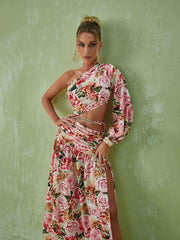 Annabella One Shoulder Floral Cutout Maxi Dress In Pink