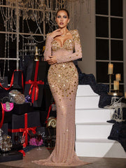 Aocoa Long Sleeve Rhinestone Maxi Dress