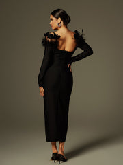 Arlen Off Shoulder Feather Bandage Midi Dress