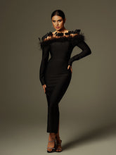 Arlen Off Shoulder Feather Bandage Midi Dress