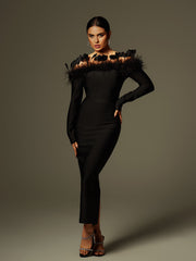 Arlen Off Shoulder Feather Bandage Midi Dress