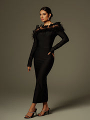 Arlen Off Shoulder Feather Bandage Midi Dress