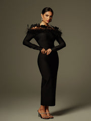 Arlen Off Shoulder Feather Bandage Midi Dress