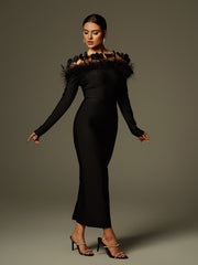 Arlen Off Shoulder Feather Bandage Midi Dress