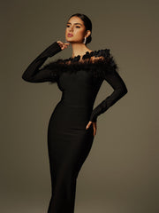 Arlen Off Shoulder Feather Bandage Midi Dress