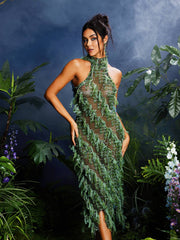 Arlo Halterneck Backless Hollow Midi Dress In Green