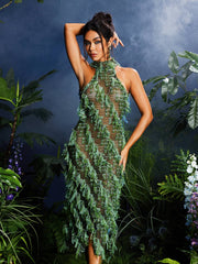 Arlo Halterneck Backless Hollow Midi Dress In Green