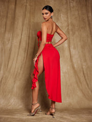 Arrietty Flower Draped Split Skirt Set In Red