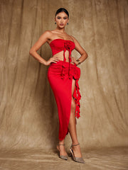 Arrietty Flower Draped Split Skirt Set In Red