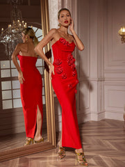 Arushi Strapless Flower Bandage Dress In Red