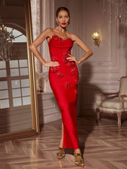 Arushi Strapless Flower Bandage Dress In Red