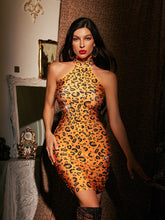 Aryxar High Neck Rhinestone Leopard Mini Dress
