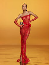 Asterra Strapless Pearl Mesh Maxi Dress