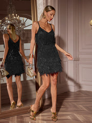 Austyn Tassel Feather Mini Dress In Black