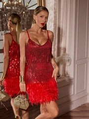 Austyn Tassel Feather Mini Dress In Red